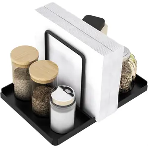 Metal Napkin Holder for Table Standing Paper Napkin Dispenser with Salt & Pepper Shakers Caddy Kitchen & Dining Table Organizer Black Napkin Storage for Home, Restaurant, Bar & Cafe Decor