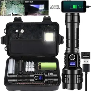 Rechargeable Flashlight Set, 5-Speed LED High Lumen Torch, Super Bright Handheld Light with Leather Case, Adjustable Tactical Flashlight, Ideal for Emergency Camping Hiking