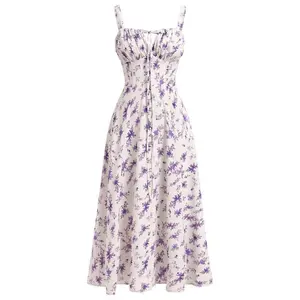 WomenFloralCorsetDressSpaghettiStrapsSquareNeckCasualWaistSplitCasualBeachDresses,MilkmaidDress,WomenswearComfort