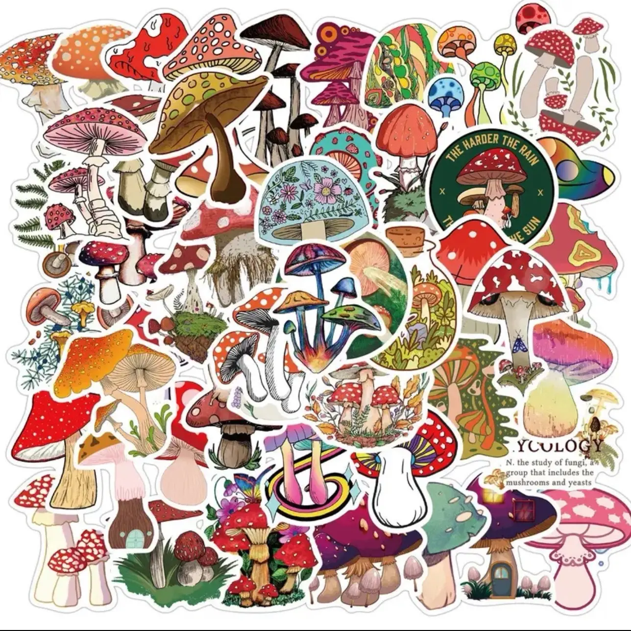 50 pack of colorful mushroom stickers. No duplicates and waterproof. Great for water bottles