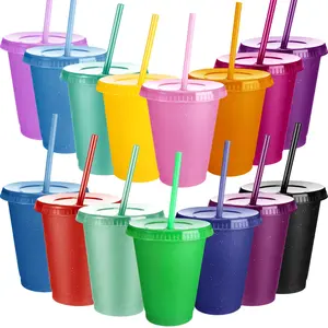 Reusable Colorful Plastic Cups 16oz BPA Free with Lids and Straws, Party Drinks and Smoothies, Random Colors, Set of 10, Drinkware