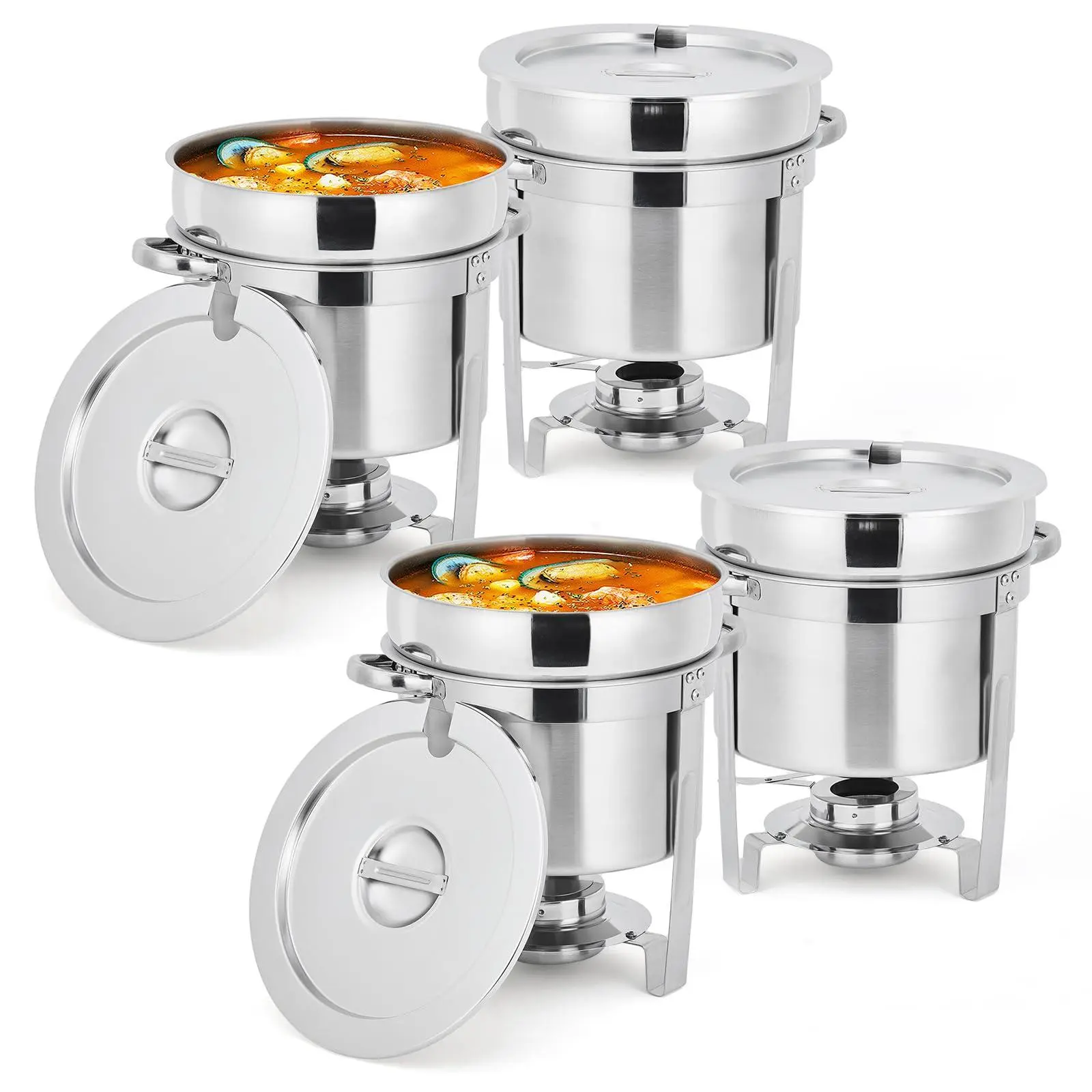 7QT Commercial-Grade Soup Chafer Set of 4, Stainless Steel Round Food Warmers with Pots, Notched Lids & Fuel Holders, Commercial Buffet Equipment