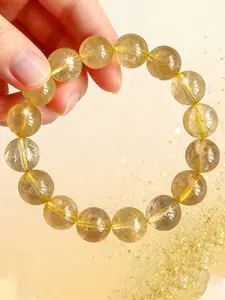 12mm Natural Crystal Ice Seed Golden Hair Crystal Bracelet - High-Quality Jewelry for Men and Women, Titanium Hair Crystal Bead Bracelet, Perfect Gift for Family and Loved Ones on Valentine's Day and Christmas