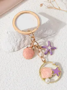 Cute Cartoon Starfish Shell Pearl Keychain, Sweet Summer Ocean Style Fashion Pendant, Memorial Gift for Friends and Family