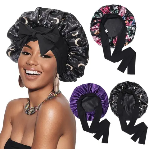 Unisex Adults' 2-Layer 2-Side Satin Reversible Bonnet, Silk-Like Polyester Haircare Accessory with Elastic Tie Band, Anti-Frizz Moisturizing Casual Sleep Cap for Curly Hair, Bonnets for Sleeping