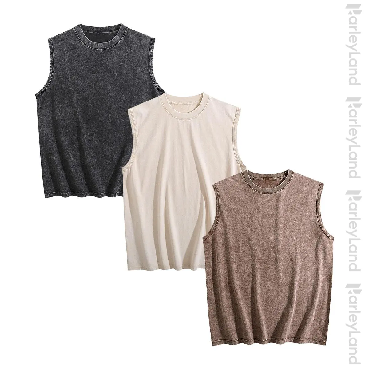 HarleyLand 3PCs Unisex 100% Cotton Acid Wash Tank Top Sleeveless Loose Fit Casual Summer Shirt for Streetwear Lounge Travel Beach and Daily Wear