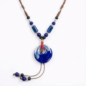 The Ocean’s Eye Ceramic Necklace Indigo Chakra Pendant Handmade Jingdezhen Pottery Amulet for Protection & Inner Peace Boho Spiritual Jewelry Gift for Women