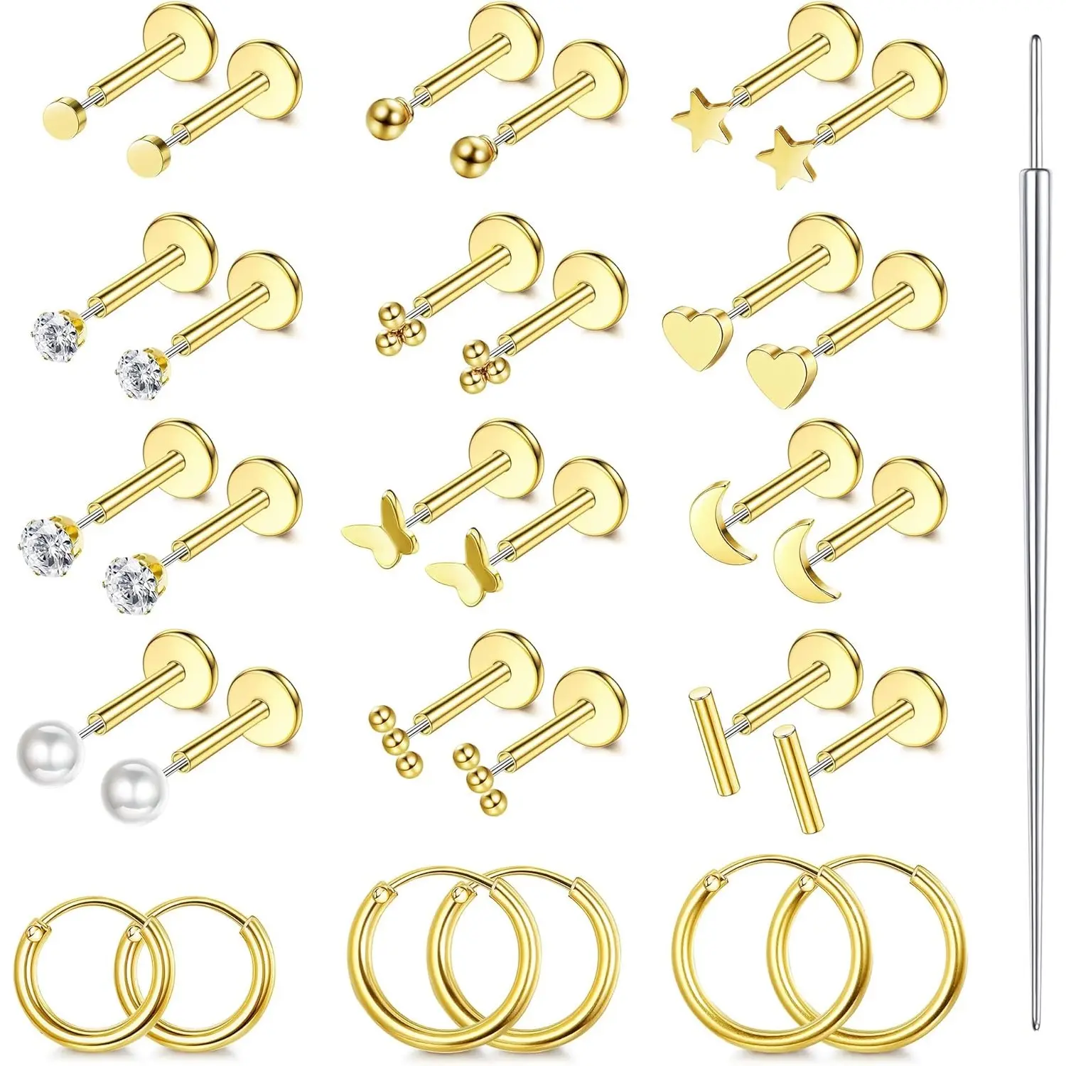 FIASASO Unisex Small Flat Back Studs Earrings Set - 14K Gold Plated Hypoallergenic Surgical Stainless Steel, Push-In Threadless Easy Wear for Cartilage, Multiple Piercings & Earring Stack