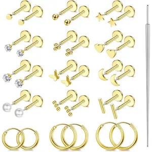 FIASASO Small Flat Back Earrings,Push in Stud Earrings for Women Men,Hypoallergenic 14K Plated Gold Surgical Stainless Steel Threadless Earring,Flatback Stud Hoop Cartilage Earring Set for Multiple Piercing