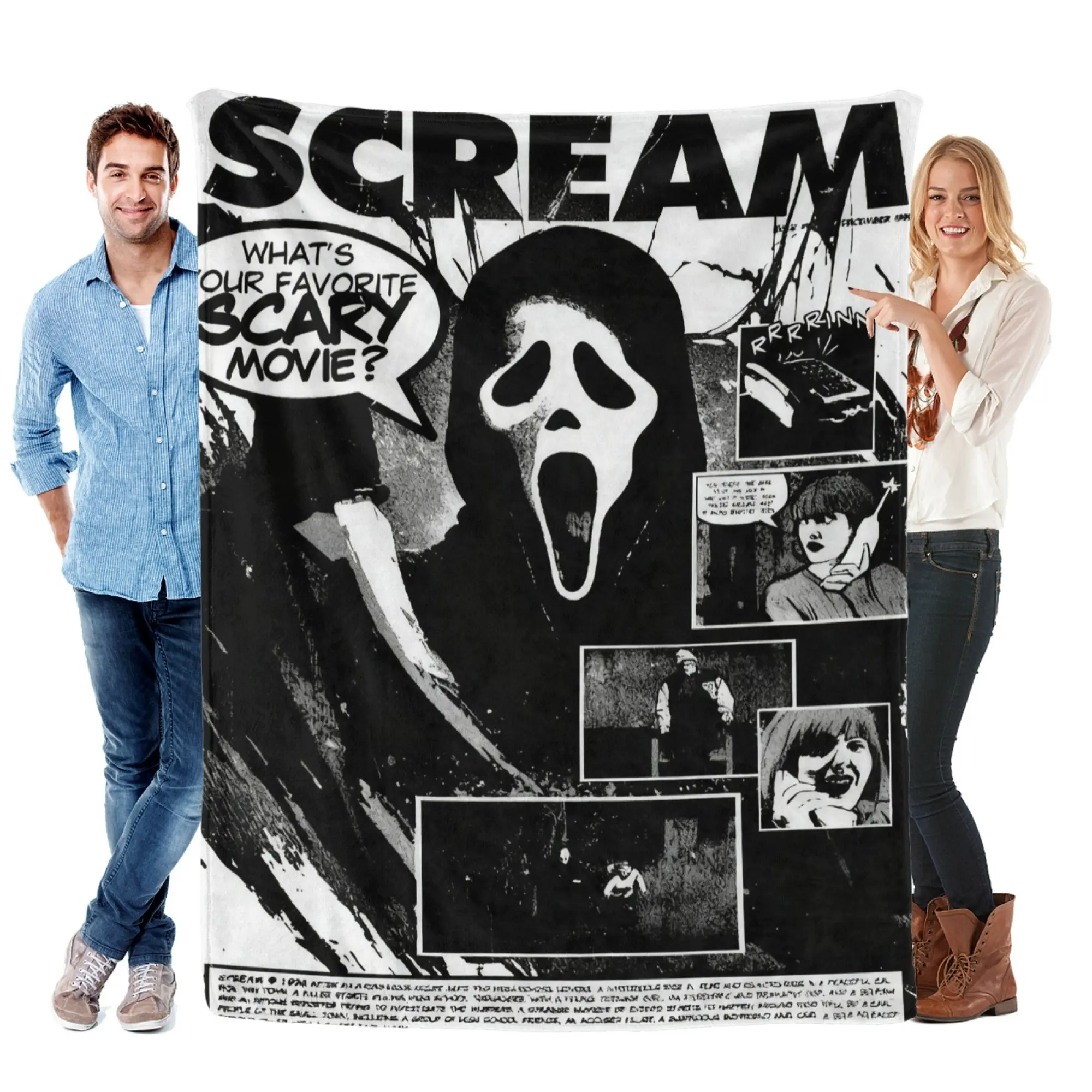 Ghostface Horror Graphic Flannel Blanket - Scream "What's Your Favorite Scary Movie?" Print, Comic Scenes Design, Soft Plush Fabric, 30x40/40x50/50x60/60x80in (30x40inch/75x100cm Option), for Bed, Sofa Lounging & Snuggling Home Decor