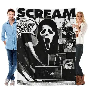 Scream 'What's Your Favorite Scary Movie?' Graphic Flannel Blanket Iconic Horror Design with Ghostface & Comic Scenes Soft Plush Fabric 30x40 40x50 50x60 60x80 Inches for Lounging & Snuggling bed sofa home decor