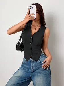 Women's V-Neck Sleeveless Fitted Style Knitted Top, Slim-Fitting Fitted Casual Basic Plain Solid Vest, Perfect for Everyday Wear & Stylish