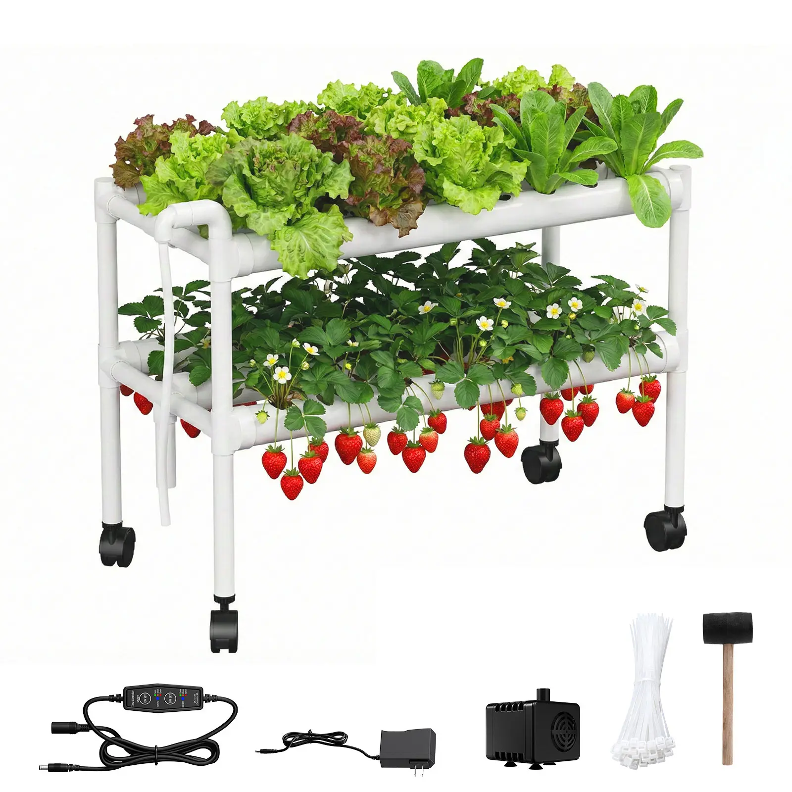 54-Plant Site Hydroponics Plant Growing Set with Wheels, 2-Tier Food-Grade PVC-U Pipe Aquaponics Tower, Water Pump Timer for Leafy Vegetables, Indoor/Outdoor (33"x35"x14")