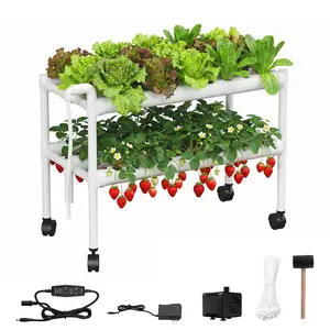 Hydroponics Growing System Kit with Wheels, 54 Plant Sites Gardening Aquaponics Tower, 2-Tier Food-Grade PVC-U Pipes Water Pump Timer for Leafy Vegetables, Indoor, Outdoor (33"x35"x14" in 54 Holes)