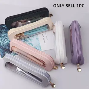 1 pc portable travel makeup bag, makeup brush and travel makeup brush organizer bag, with transparent window, faux leather style, compact zipper space-saving storage bag, outdoor travel and home storage items, zipper storage bag, Cosmetic Pouch