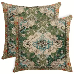 2pcs Bohemian Carpet Design Throw Pillow Covers 45.72x45.72 cm - Boho Vintage Neutral /// Cushion Cases Suitable for Sofa, Couch, Patio, Farmhouse Decor - Hidden Zipper Closure, Hand Wash Only, No Inserts Included