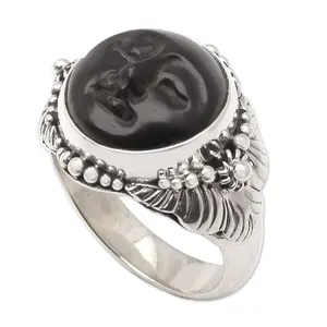 NOVICA Artisan Handmade Ebony Cocktail Ring Crafted Wood Silver Sterling No Stone Indonesia [crownbezel 0.3 in H x 0.6 in Diam. Band Width 0.2 in W] ' Amun Ra'