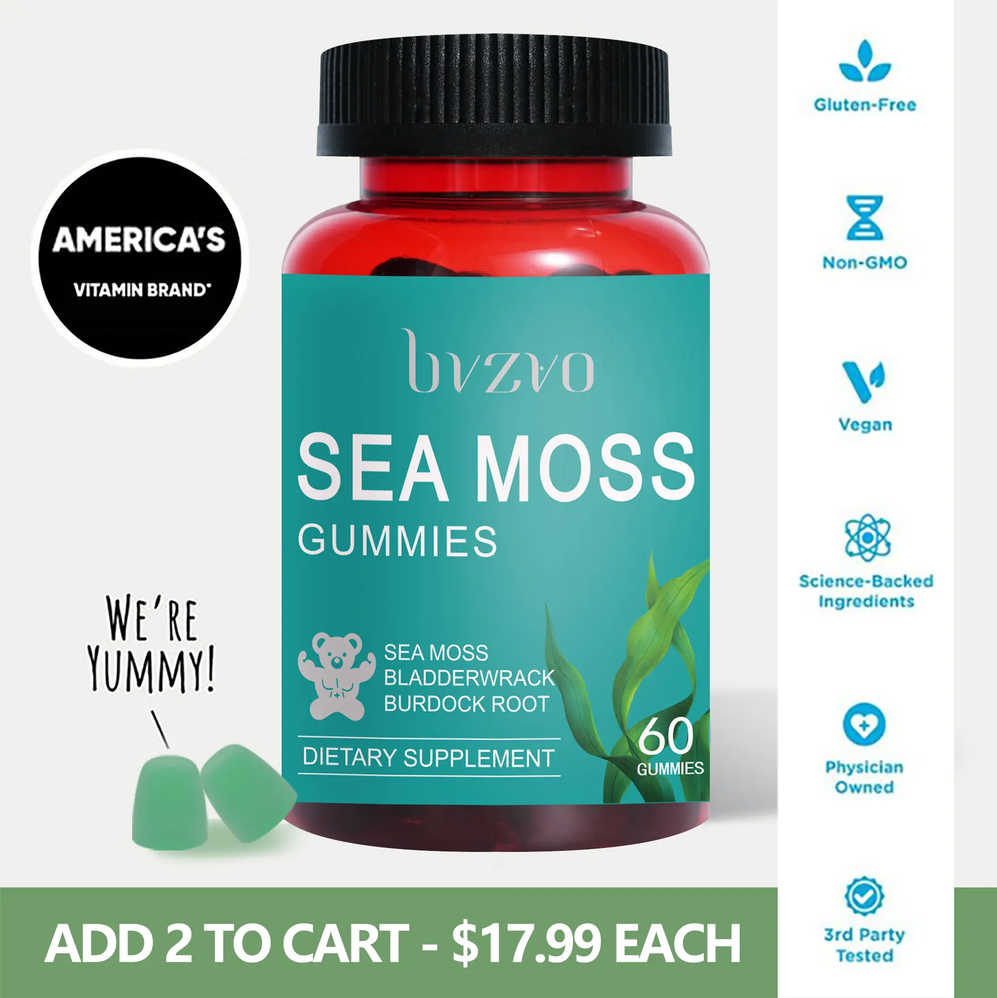 BVZVO Multimineral Sea Moss, Bladderwrack, Burdock Root & Irish Seaweed - Workout Aid - 60 Gummies All-in-1 Supplement