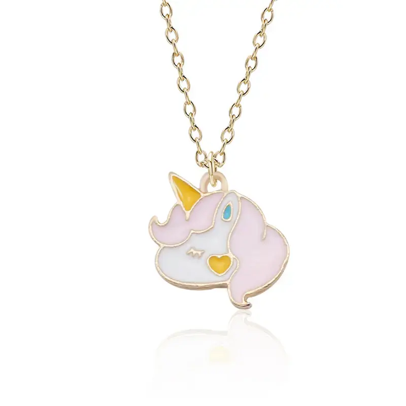 Unicorn head with pink hair yellow heart necklace