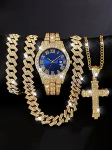 Men's Alloy Watch Set, Includes Calendar Function, Hip Hop Bracelet, Cuban Diamond Necklace, Cross Pendant, Perfect Gift