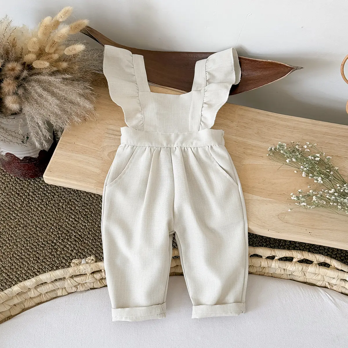 Unisex Toddler Jumpsuit - 0-3 Years Summer Apricot Ruffle-Edge Suspender Pants, Breathable Lightweight Baby Bottoms Outfit