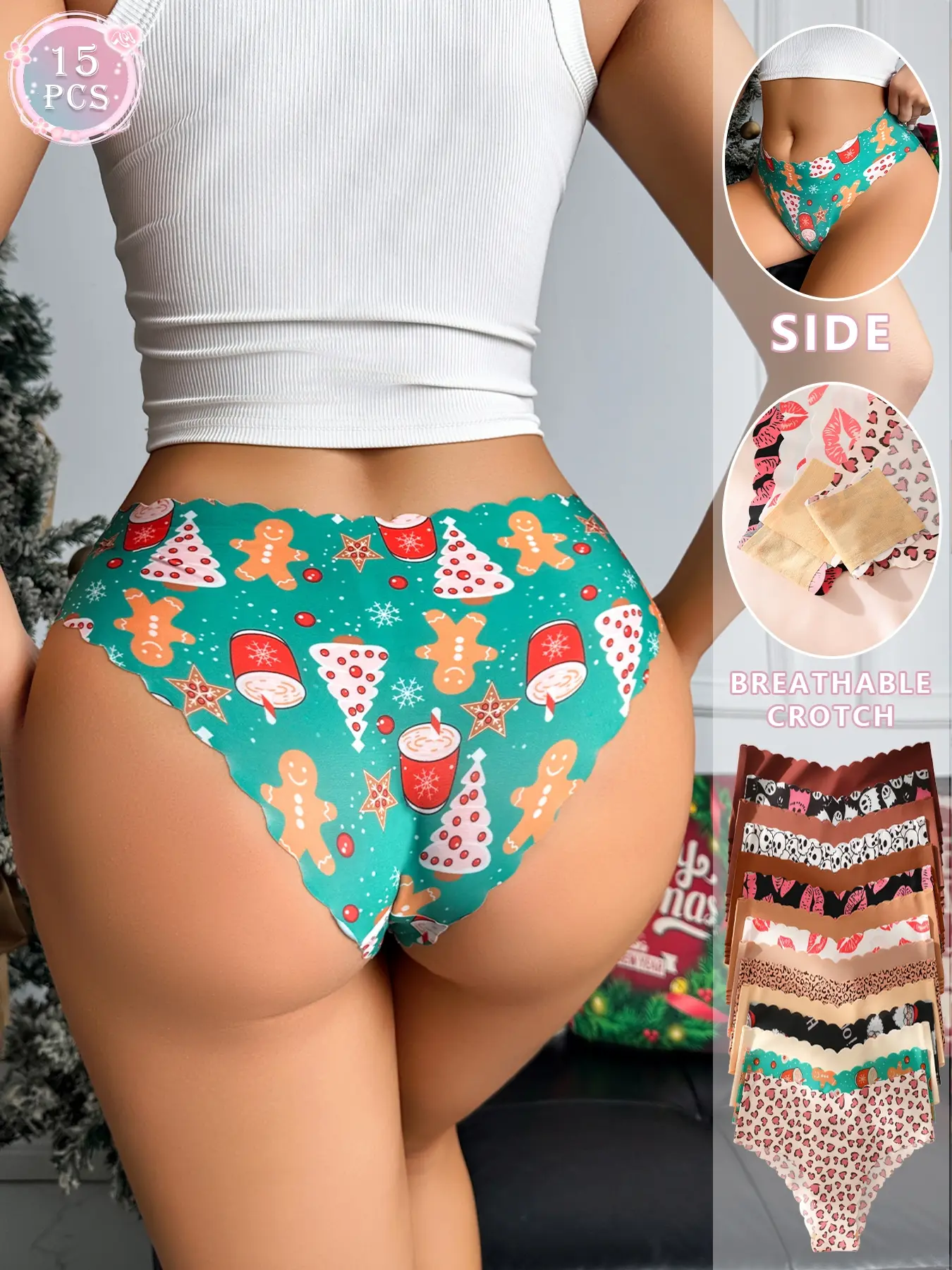 15-pack Halloween Christmas Valentine's Day underwear - heart leopard print ghost lip print Santa Claus pattern, available in various solid colors, suitable for holiday celebrations and daily activities in autumn and winter, Fashion Comfy Underwear