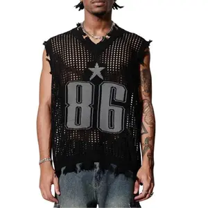 HYPESTFIT Men's Streetwear V-Neck Knit Vest | Hollow Out Ripped Sweater Vest with Pentagram Print, Grunge Punk Aesthetic Top