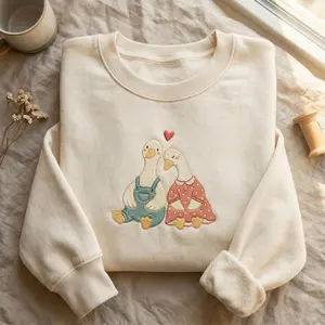 [Made in US] Embroidered Vintage Couples Goose Sweatshirt, Country Farmhouse Duck Shirt, Funny Cottagore Animals Tee, Animal Lover Gift, Valentine Shirt