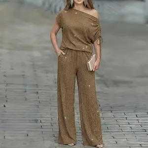 ChicMe Women's 2 Pieces Outfit Rhinestone Lounge Skew Neck Top and Wide-Leg Pant Set with Pockets