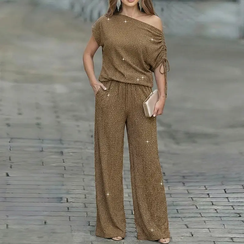 CHICME Women's 2 Pieces Outfit Rhinestone Lounge Skew Neck Top and Wide-Leg Pant Set with Pockets