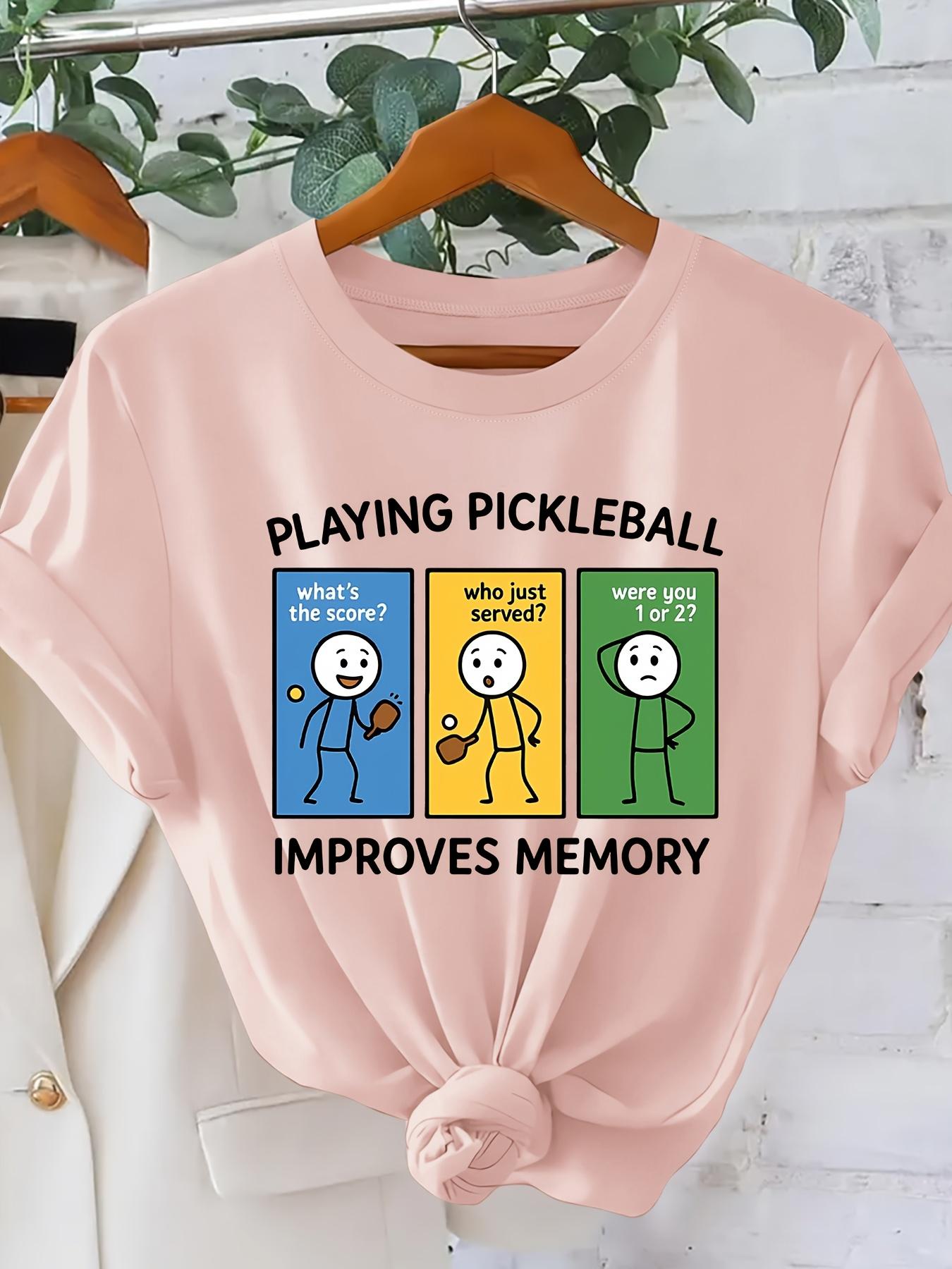 PLAYING PICKLEBALL Fun Cartoon Character Print Fashionable Vintage Style Women's Short Sleeve T-Shirt, Spring/Summer Daily Commute Casual Versatile Elegant Women's Apparel, Sporty Trendy Versatile Design, Simple Round Neck Comfortable Breathable Top,