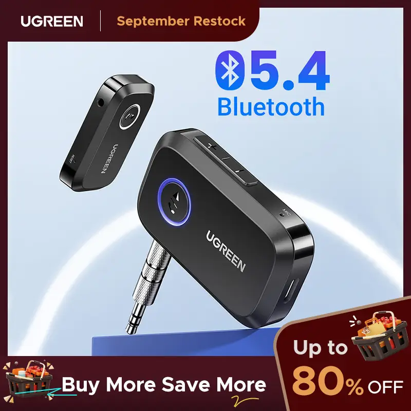 UGREEN 5.4 Aux Bluetooth Adapter for Car, Wireless FM Transmitter, 3.5mm aux Audio Receiver for Home Stereo/Wired Speaker, 15H Battery Life Car Access