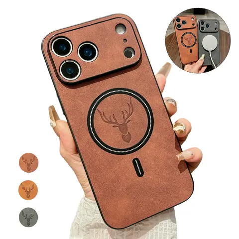 Protective Magnetic Leather Phone Case & Cover for iPhone 18 Pro Max,17,16,15,14,13,12,11 - Elk Pattern Imitation Sheepskin Casing, Shockproof Bumper, Skin Feel, Anti-Drop, Wear-Resistant, Fashion Business Style