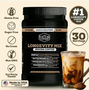 Black Forest Longevity Mix Mocha Coffee with NMN, Glutathione, Magnesium Glycinate, TMG, Vitamin D3, C, K2, B12, Cocoa Powder, Instant Coffee | 30 Servings - Gluten -Free Sugar - Free Non GMO