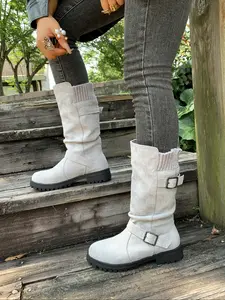 Women's Mid-Calf Boots, Vintage Distressed Velvet Knight Boots, Slimming Versatile Flat Fashion Shoes, Fall Winter New Arrival Rubber