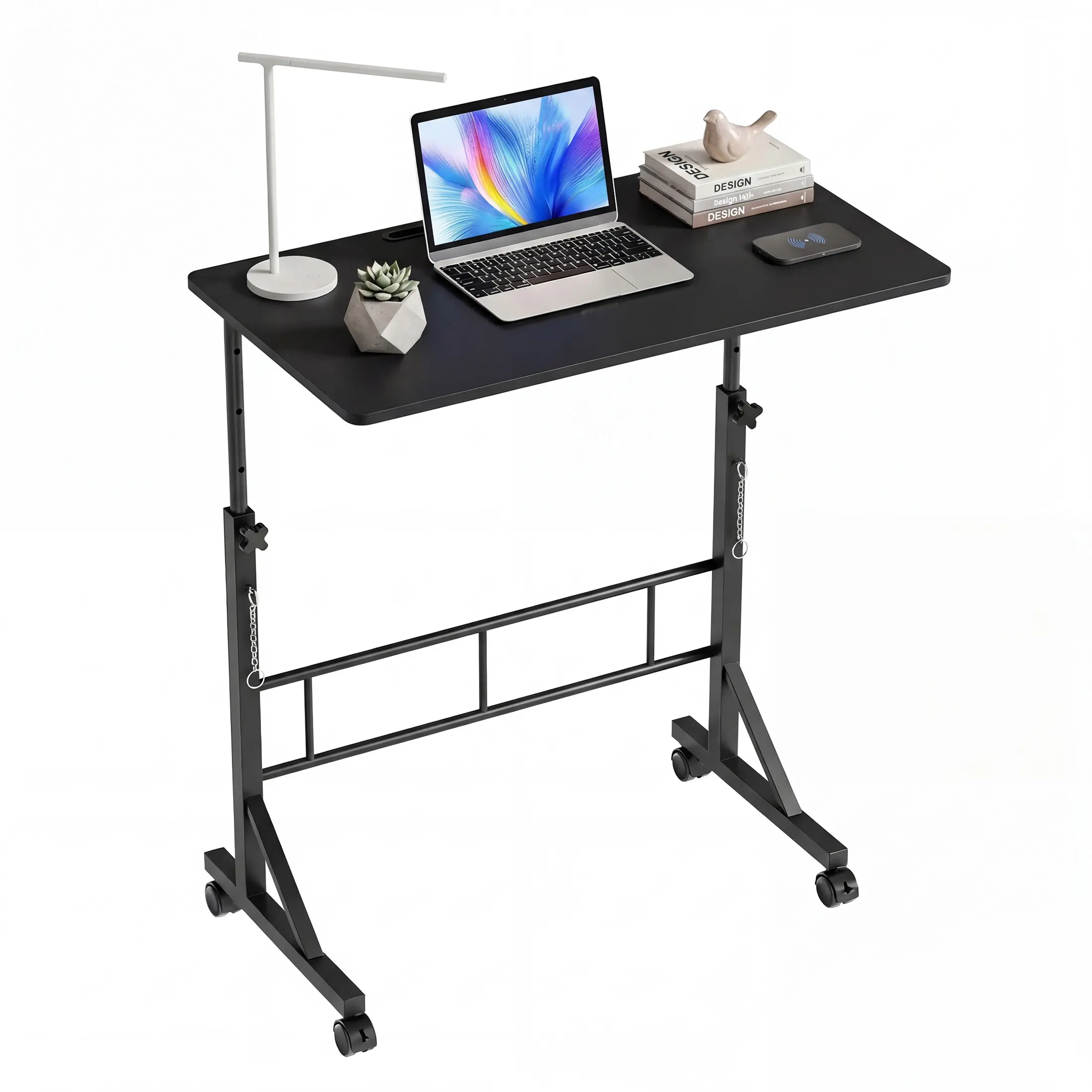 DUMOS Standing Desk Adjustable Height, Mobile Stand Up Desk with Wheels Small Computer Desk Rolling Desk, Portable Laptop Desk White Standing Table Home Office Desks