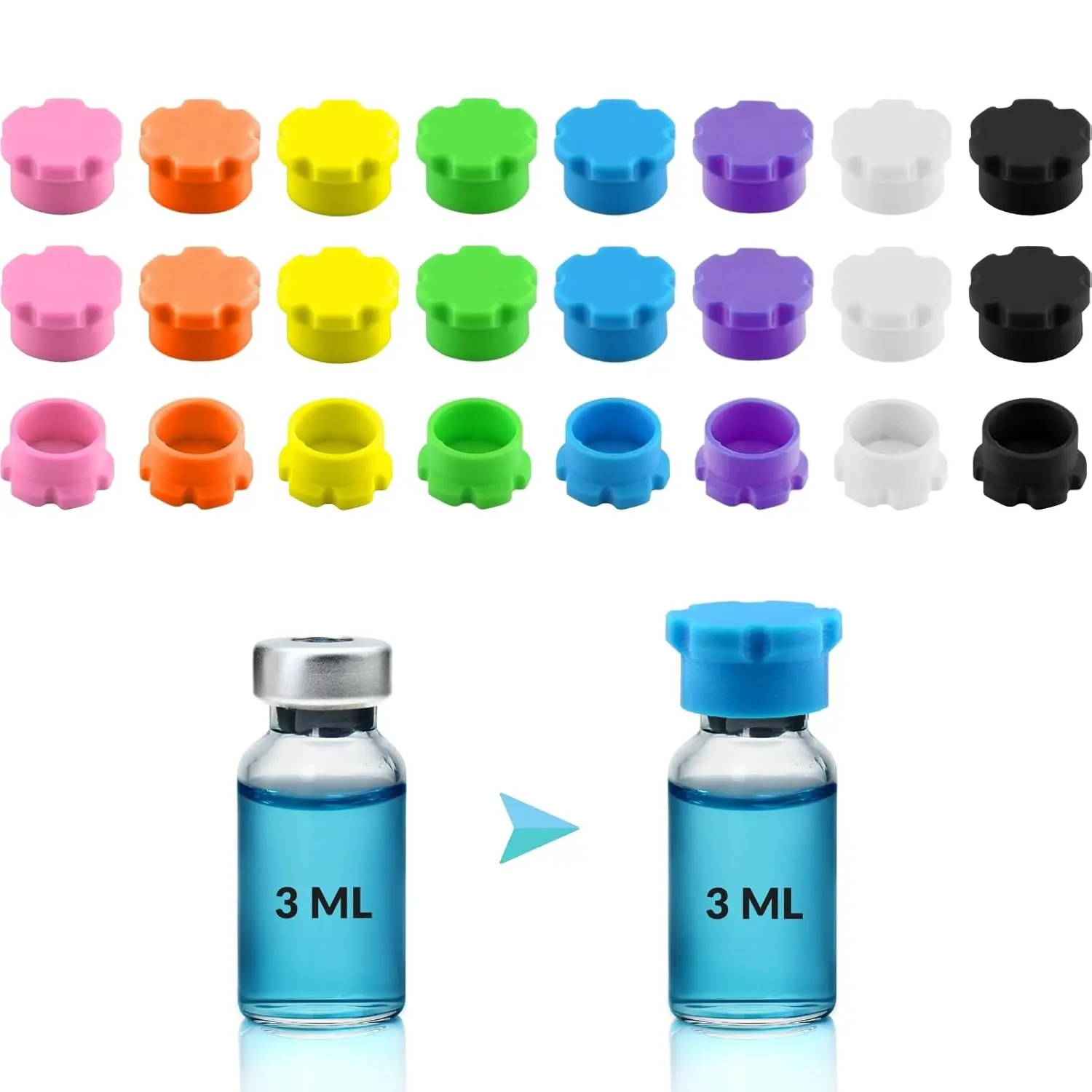 3ml Vial Caps for Peptide Storage, Protective Covers (24Pcs / 8Colors) | Reusable Silicone Protective cap for 1ml 2-3ml/13mm Sterile Glass Vials Fit Peptide Case for Fridge, Insulin Cooler Travel