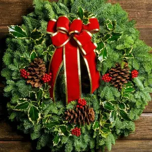 Mixed Holly Christmas Wreath 4-Pack 26" Noble Fir & Variegated Holly with Pinecones & Red Velveteen Bow for Festive Holiday Decor