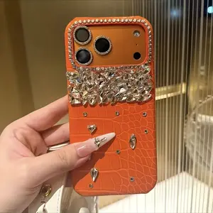 Luxury Crocodile-Pattern Orange Leather Handmade Rhinestone Half-Cover Phone Case for iPhone 13 14 15 16 17 Pro Max,  Premium Phone Accessory, Rhinestone Embellished Case, Highquality Leather, Durable Phone Cover, Designer Phone Cover, Styleconscious