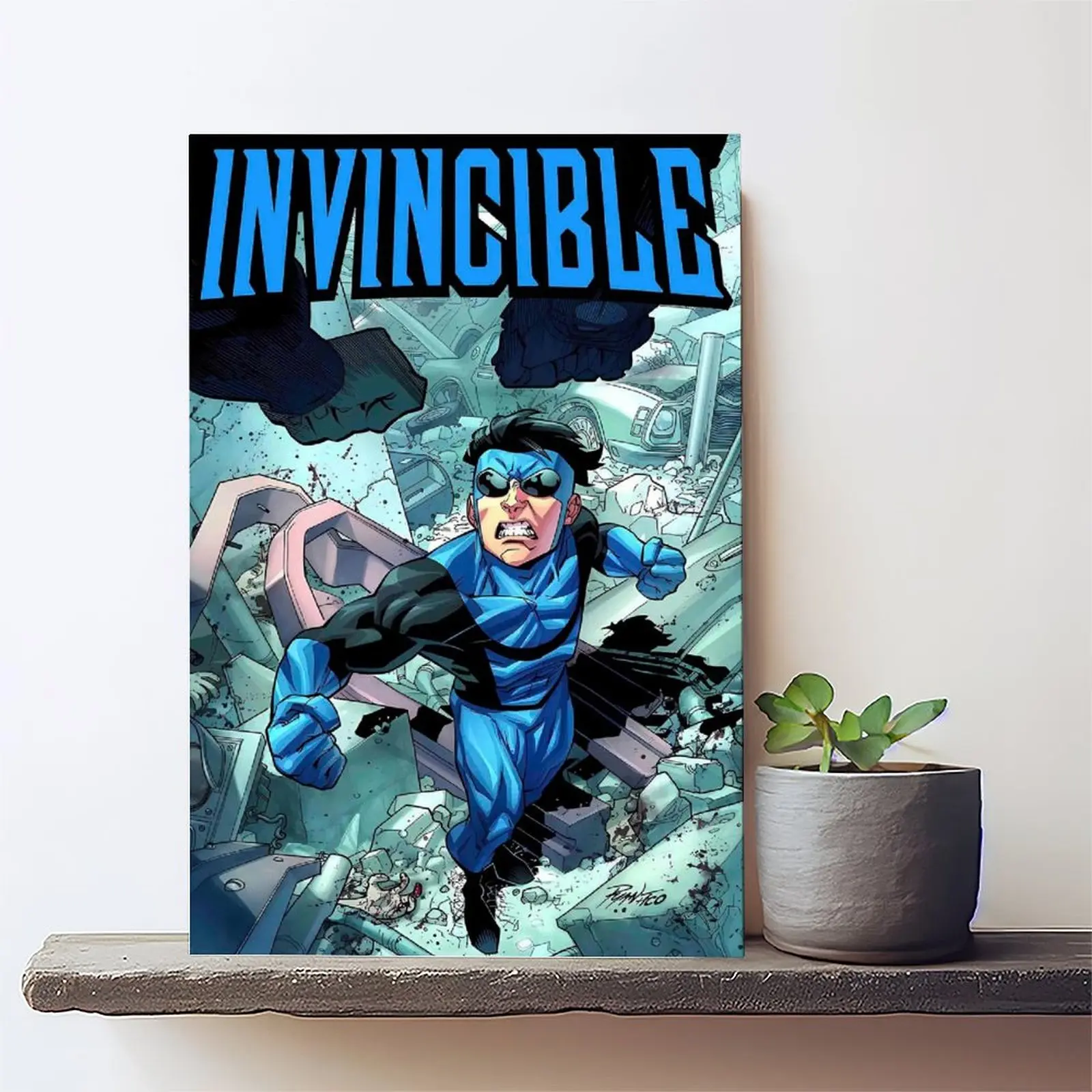 Invincible Superhero Comic Canvas Wall Art, Bold Color Cartoon Hero Print, Anime Fan Man Cave Bedroom Decor Unframed Canvas Poster or Framed Canvas Wrap