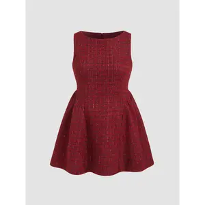 Cider [3 colors, size 0-24] Tweed Boat Neck Zipper Ruffle Mini Dress Curve & Plus