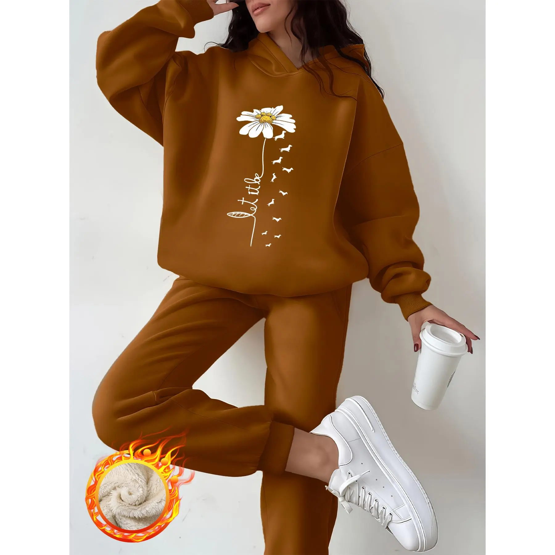Fashionable Casual Hoodie and Sweatpants Set, Suitable for Autumn and Winter Travel Trendy Outfit, Front Printed with Small Daisy Flowers, Letters, and Puppy Patterns, Ribbed Fabric Cuffs and Pants Legs with Windproof and Warm Design