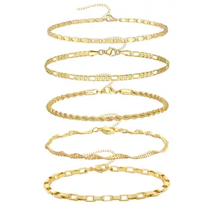 Gold Bracelet Set for Women 14K Gold Plated Stack Link Bracelet Layering Trendy Beaded Herringbone Cuban Rope Paperclip Box Figaro Chain Bracelet Jewelry Sets,Layered Anklet Bracelets for Women  Gift Adjustable Size 5pc