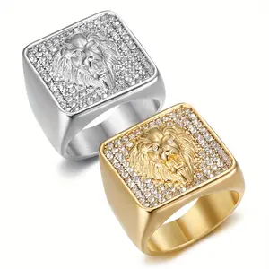 Luxury Hip-hop Charm Men's Ring, Punk Domineering Square Lion Head Synthetic Zircon Stainless Steel Ring, Suitable for Banquets, Rock, Party Accessories Jewelry