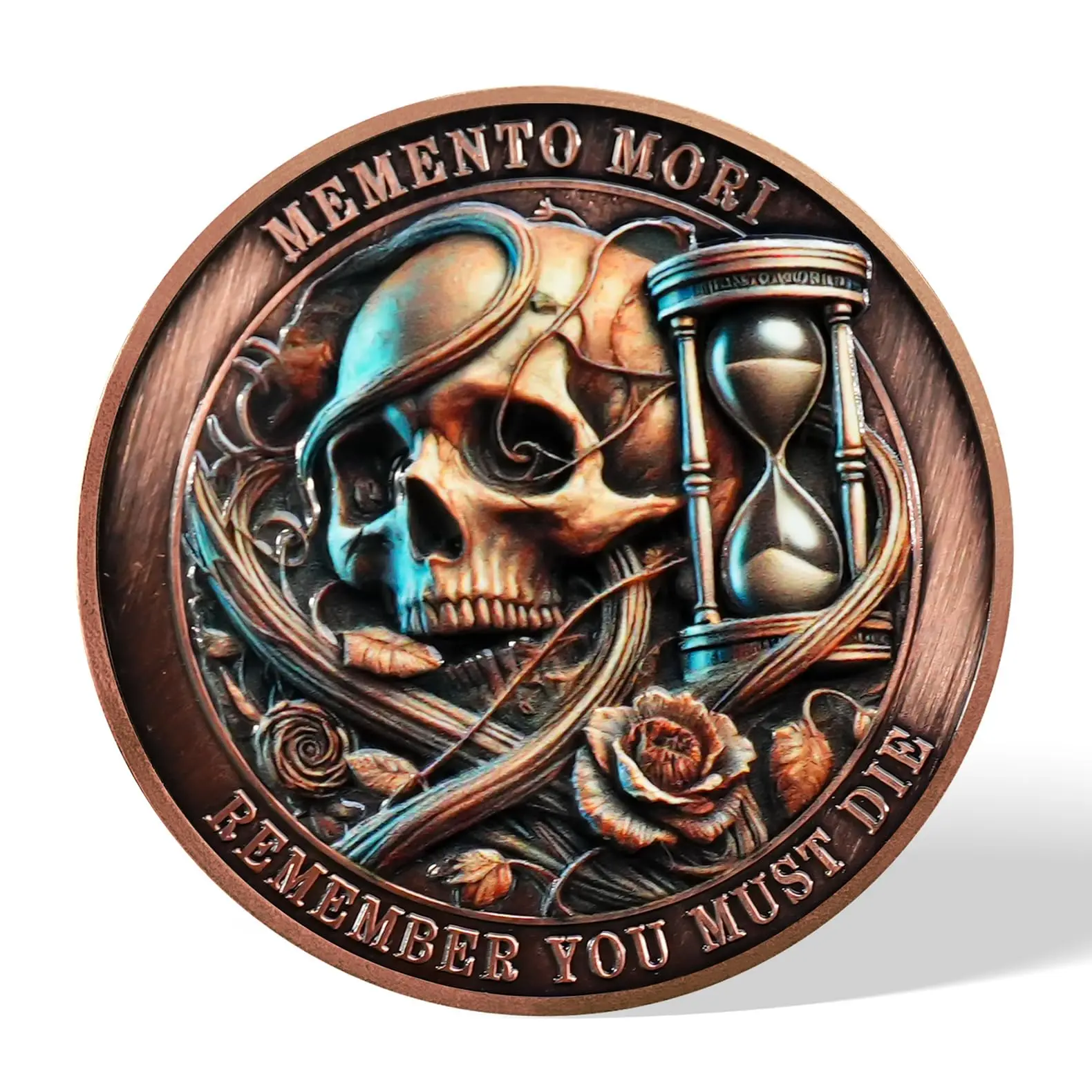 Tempus Fugit Memento Mori Challenge Coin - 1.57 Inches Copper Hourglass, Cracked Skull Motif, Enamel Detail Stoic Reminder Unisex EDC Token, Party Gift for First Responders