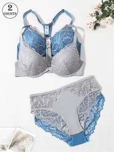 2 sets of women's lace panelled underwear panty set with underwired front button bra Gathered up on the support non-removable integrated coaster underwear Everyday casual date wear Comfortable, soft and breathable Sexy women's lingerie bra set