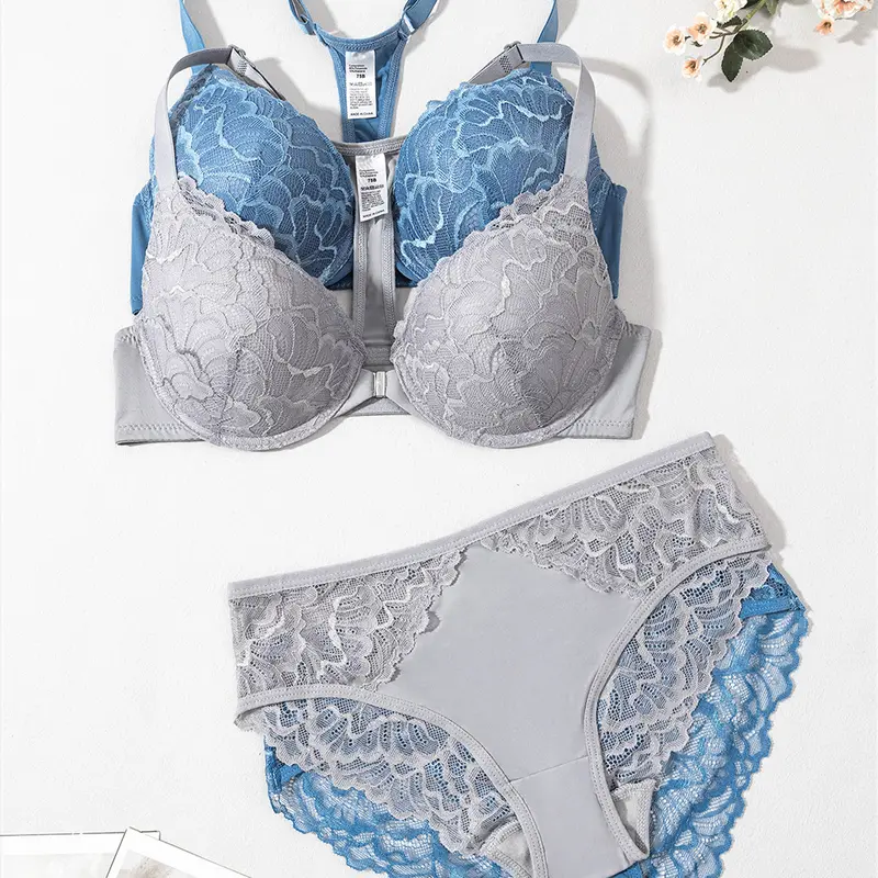 2 sets of women's lace panelled underwear panty set with underwired front button bra Gathered up on the support non-removable integrated coaster underwear Everyday casual date wear Comfortable, soft and breathable Sexy women's lingerie bra set