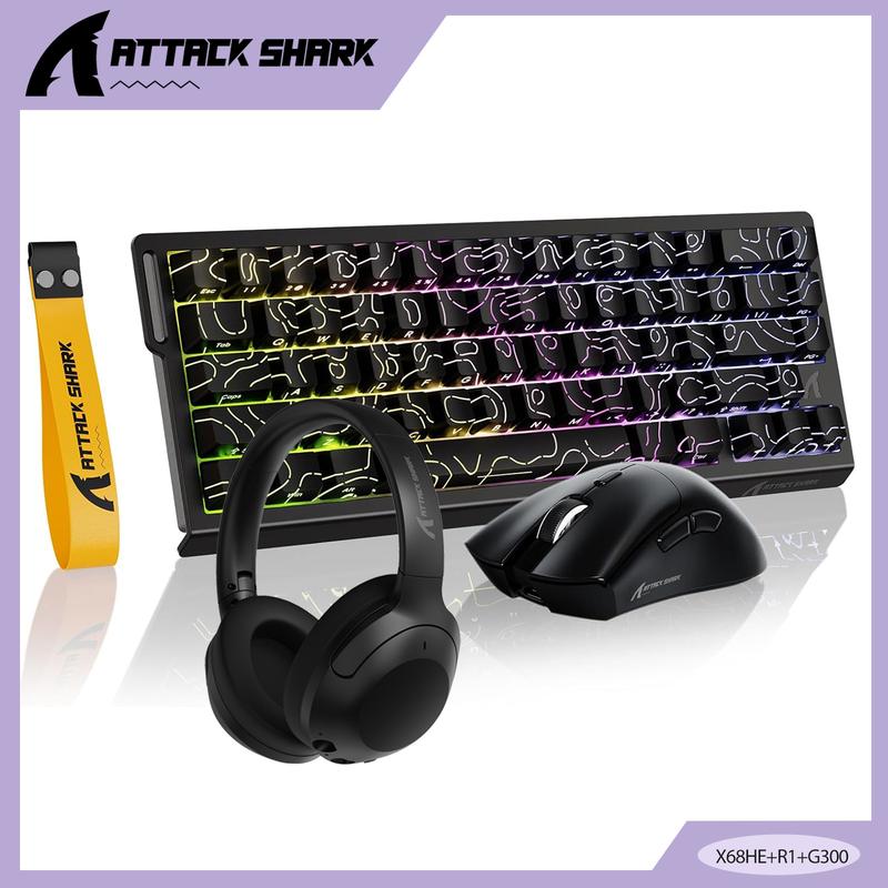 ATTACK SHARK X68HE Wired Gaming Keyboard & R1 Mouse Combo with G300 Active Noise Cancelling Gaming Headset,8KHz Magnetic Switch Keyboard, 16.8M RGB, Custom Actuation, 55g Ultra-Light Mouse with 18,000 DPI & Tri-Mode Connectivity for PC Mac Gamers