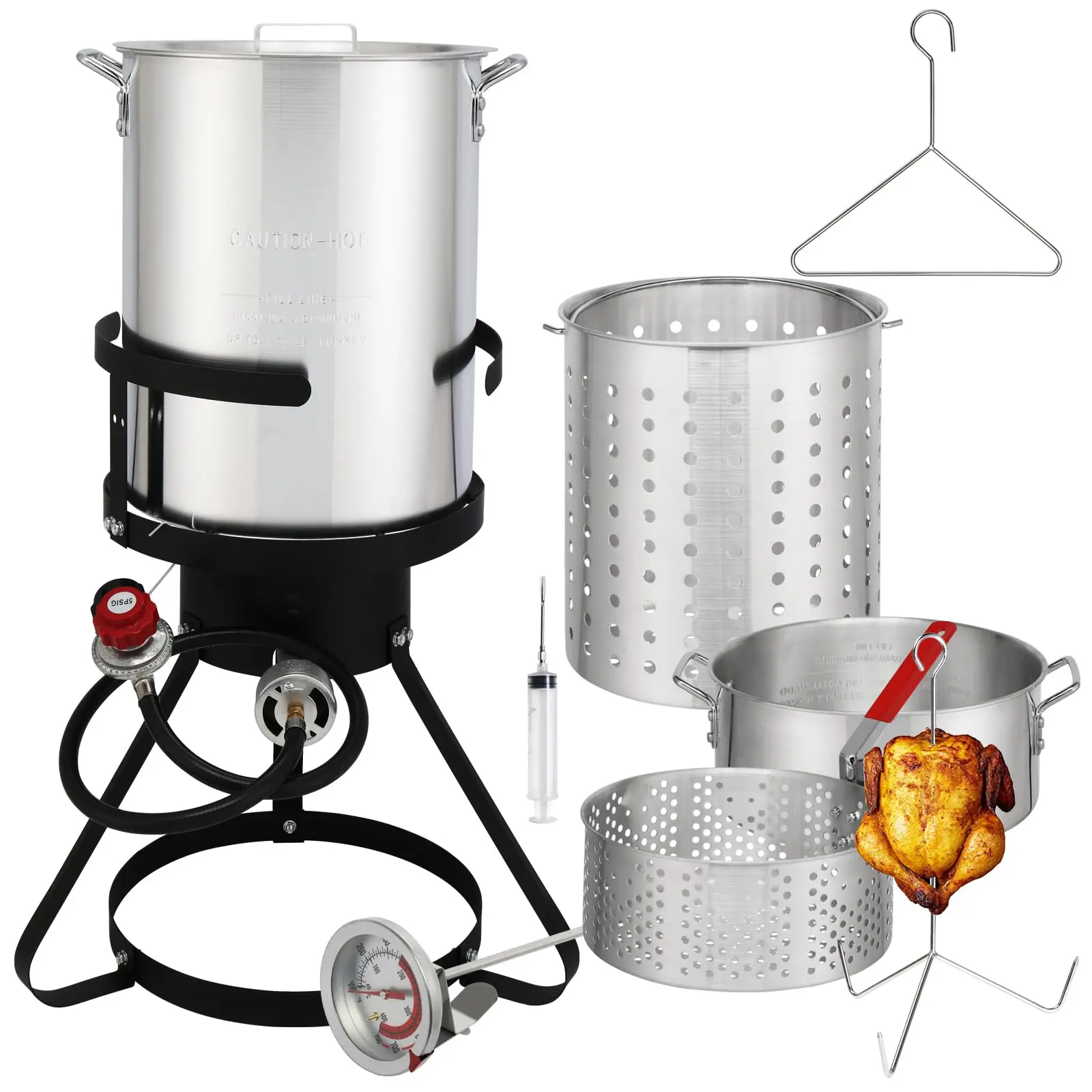 Outdoor Turkey Fryer and Seafood Boiler Kit, 30QT & 10QT Aluminum Pots with Perforated Baskets, 54,000 BTU Cast Iron Burner for Fast-Heating Seafood Cooking, 2 Handles, Aluminium, Easy To Move