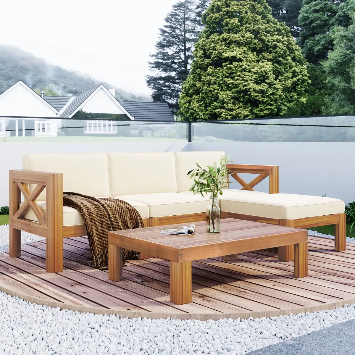 Direct Wicker UBS-SP110142AAA 5-Piece Patio Furniture Set - Wood Frame L-Shaped Sectional Sofa Seating Group with Beige Cushions, Patio Furniture Sets
